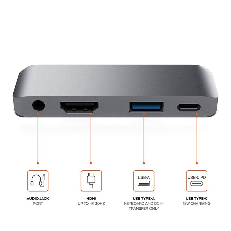 USB C Hub Adapter A TIPO C PD di Ricarica 4K convertitore di HDMI USB 3.0 da 3.5mm Per Cuffie Per Il 2018 iPad Pro MacBook Pro SAMSUNG HUAWEI: Gray