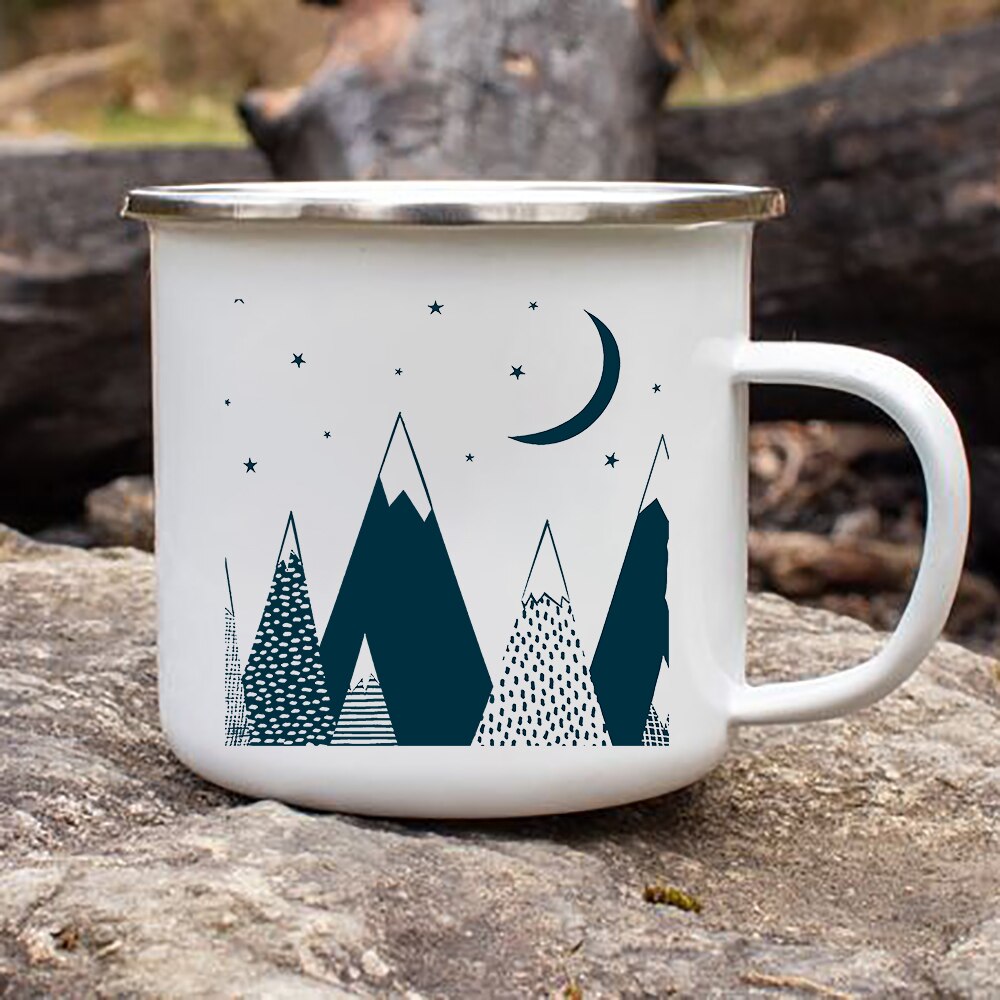 Træ bjerg måne stjerner emalje kaffe te krus camping bål fest øl drink juice cola kopper udendørs vandreture: Xh1559-a015wh-8
