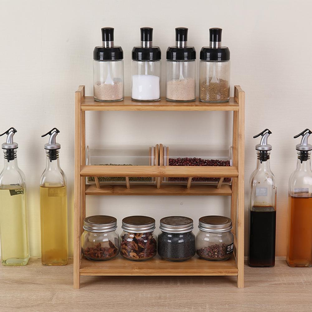 Spice Rack Organizer 3 Tier Kitchen Cabinet Bamboo Storage Shelf Family Home Large Portable Countertop Storage Kitchen Organiz