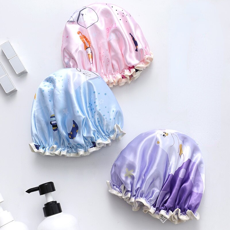 Cute Double Layer Bath Caps Waterproof Silk Head Wrap Hair Cover Lampblack Soot Resistant Shower Caps Satin Bonnet Breathable
