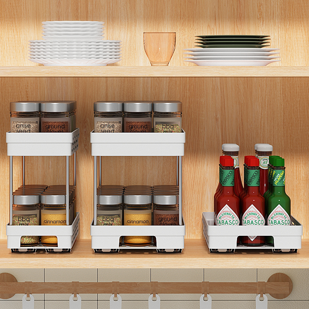 WORTHBUY Keukenkast Opslag Organizer Pull-out Kruiden Fles Opbergrek Glijdende 2 Tier Plastic Organizer Plank