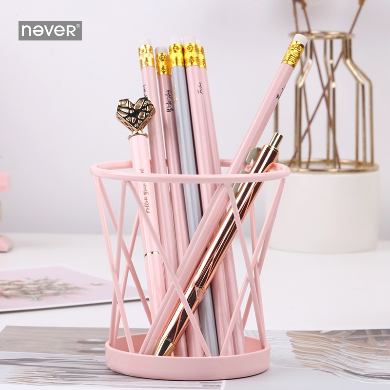 Jamais Macaron rose métal porte-stylo crayon tasse fournitures de bureau maille organisateur de bureau accessoires filles d'affaires papeterie
