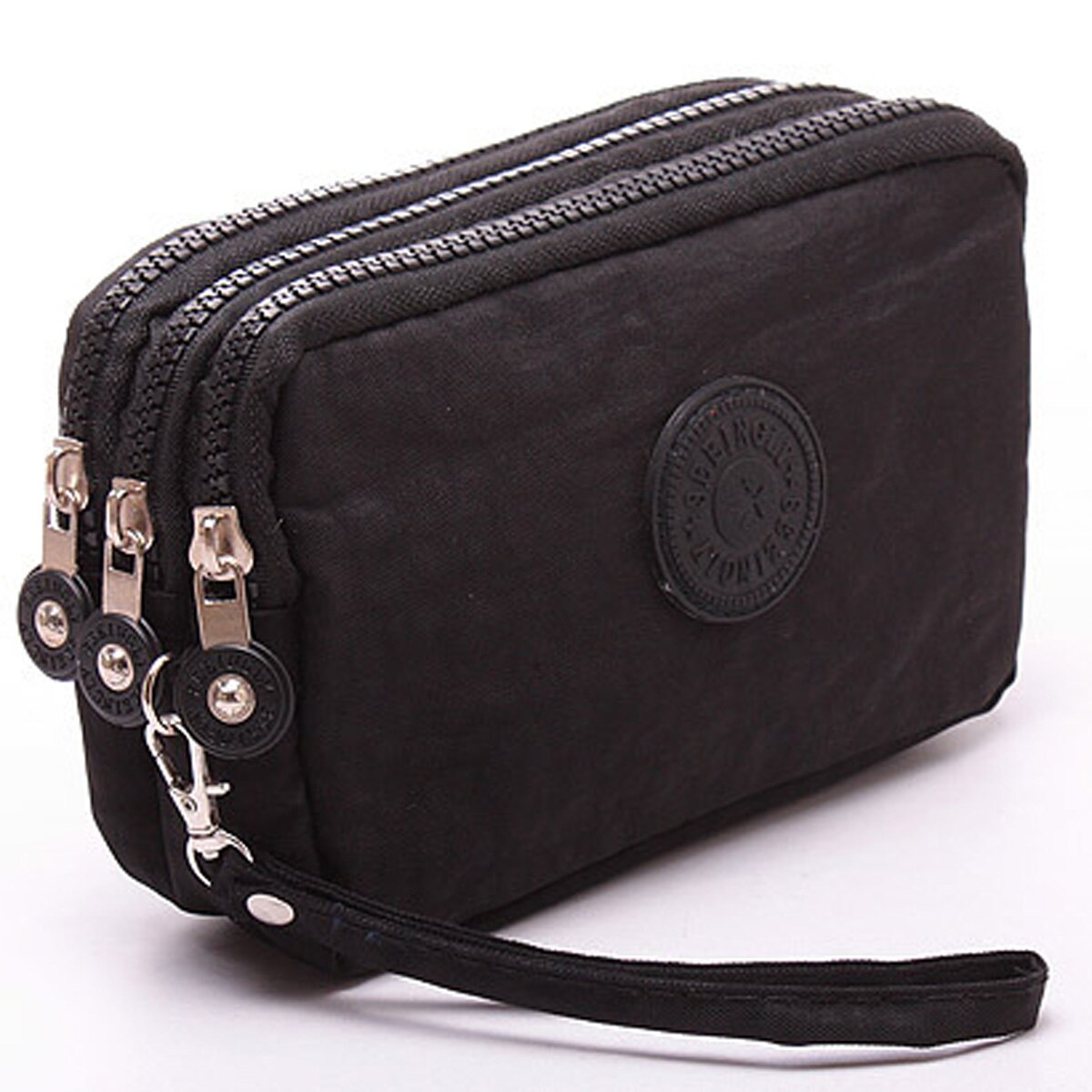 Coin purse ladies mobile phone bag small wallet business card holder multifunctional three zipper mini canvas bag girl: Black