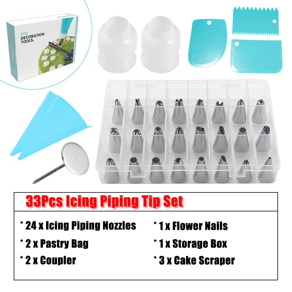 33/37/42Pcs Cake Gereedschap Icing Piping Tips Nozzle Set Cake Decorating Gereedschap Set Met Siliconen Patry tas Taart Schraper Bloem Nail: 9165