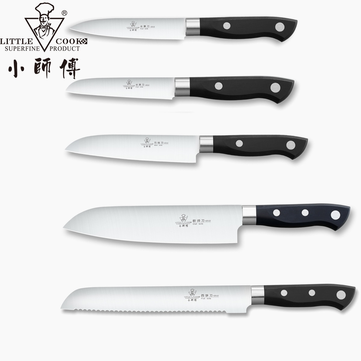 Little cook 5-- delige keukenkoksmessenset met vaste tang, scherp vleesmes, handgemaakte groentesnijder, kookgereedschap
