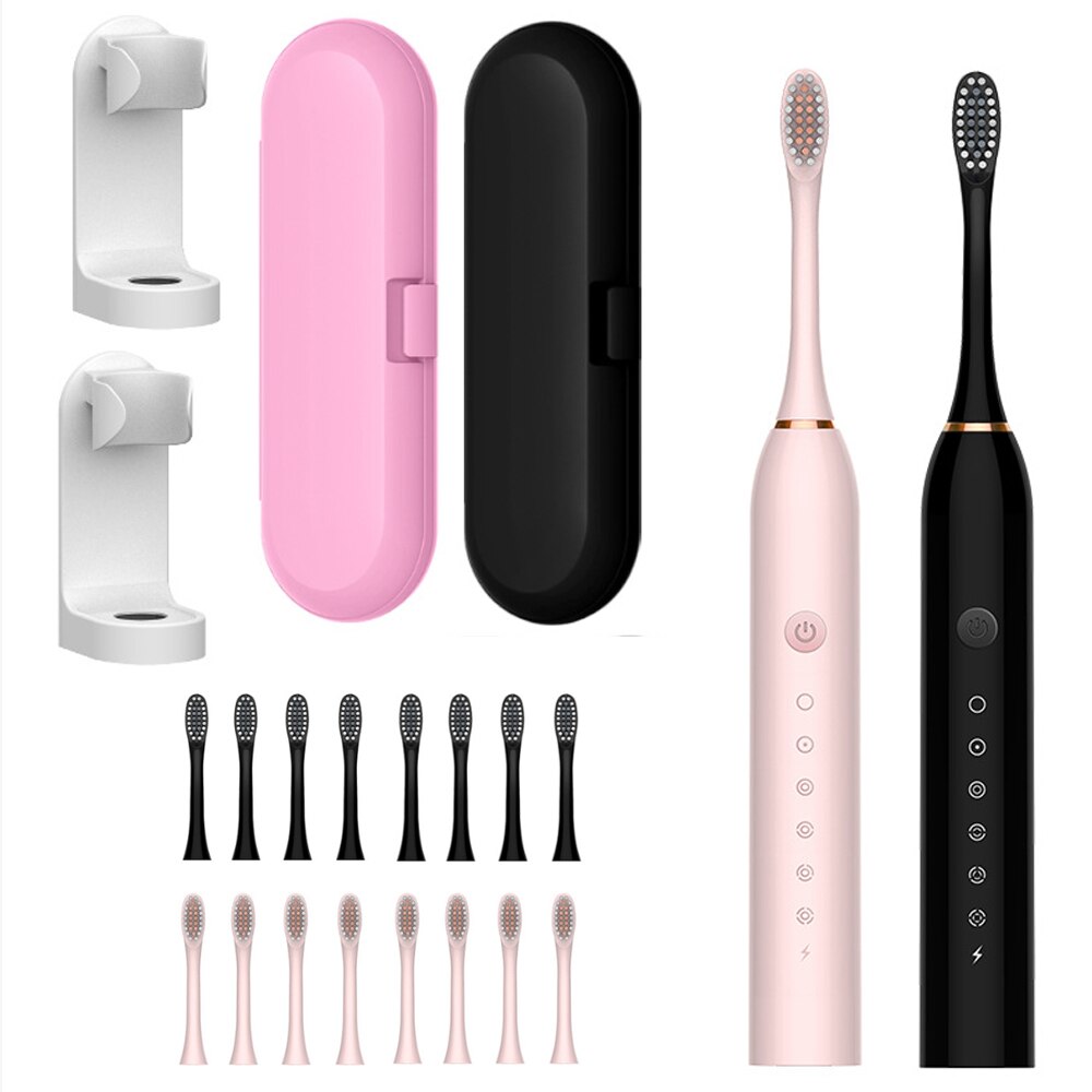Rechargeable Sonic Electric Toothbrush Adult Timer Brush 42000 time/min Ultrasonic Washable Electronic Whitening Teeth Brush: Black and Pink Set