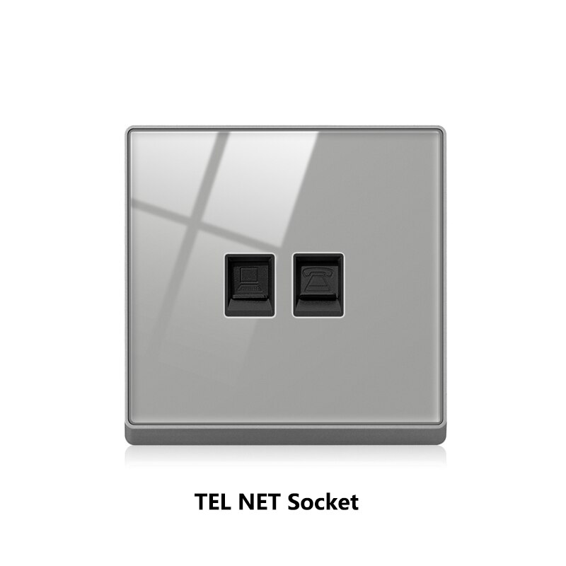 Atlectric Wall Socket Rj45 CAT5 Internet Outlet With TV Outlet Gray Crystal Glass Panel Double Computer Network Socket 86mm*86mm: 1P1C