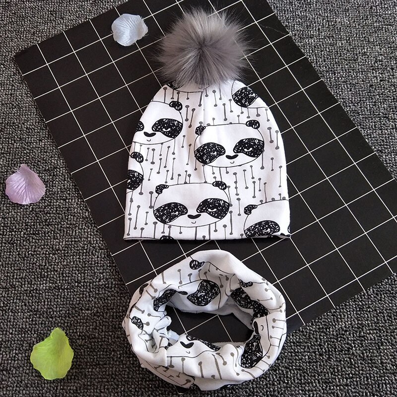 Baby Muts Sjaal Set Print Katoen Kinderen Cap Kraag Kids Jongens Meisjes Mutsen Baby Peuter Hoeden Sjaals Winter Hoeden Voor 1-3T: little panda