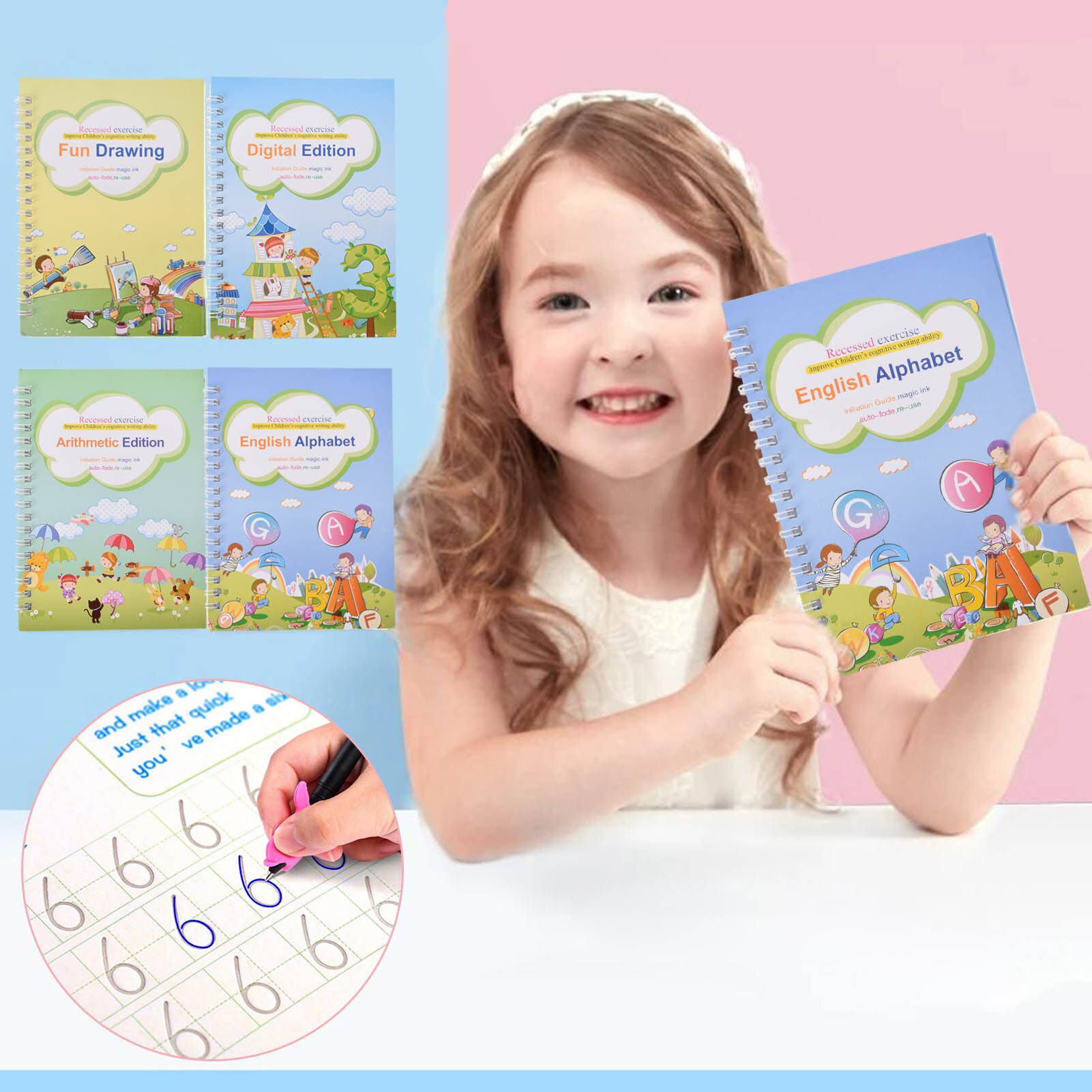 4 Books + Pen Magic Practice Copybook Free Wiping Children's Copybook Magic Magic Writing Sticker English Version