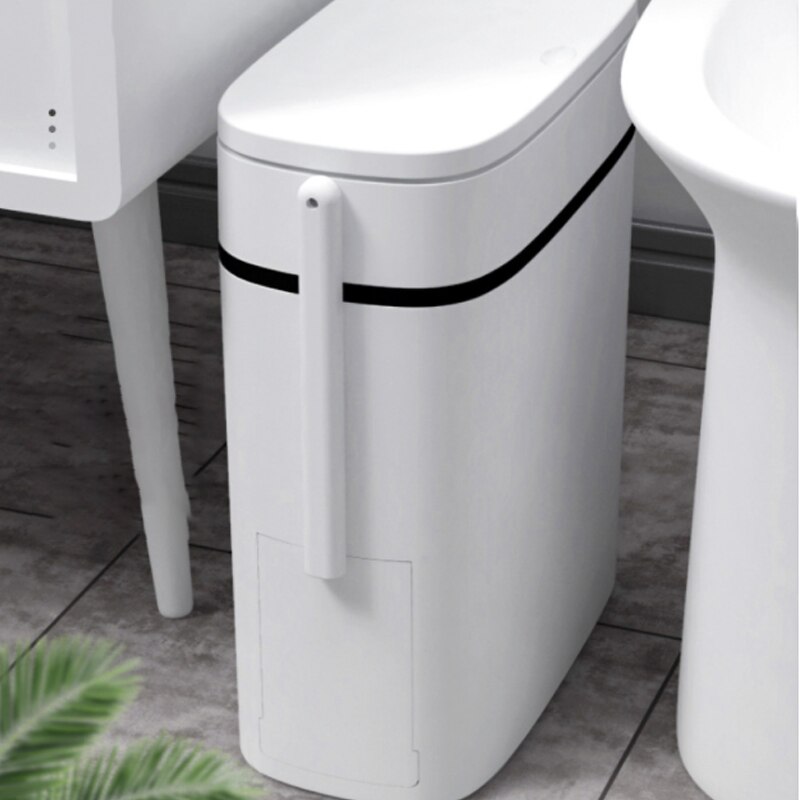 12L Smart Trash Can Bathroom Waste Bin One-click Garbage Bin Trash Bag Holder In The Kitchen with Brush for Toilet Narrow Seam: white