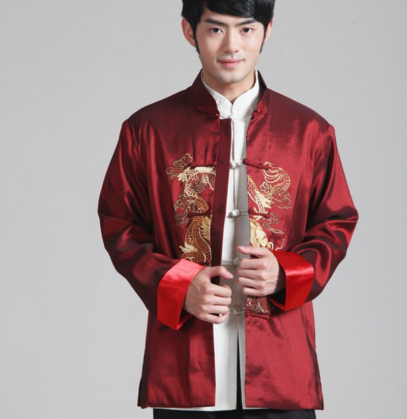 Chaqueta de dragón bordada de estilo chino tradicional para hombre, Hanfu, blusa, traje Tang, camisas de kungfú, Tops, chaqueta:  red / M