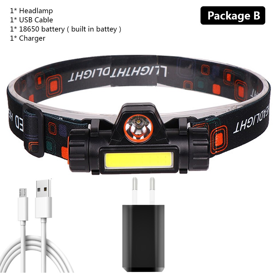 XP-G Q5 built-in 18650 battery 2 light mode with magnet Waterproof headlight head lamp flashlight LED head lamp COB work light: Package B