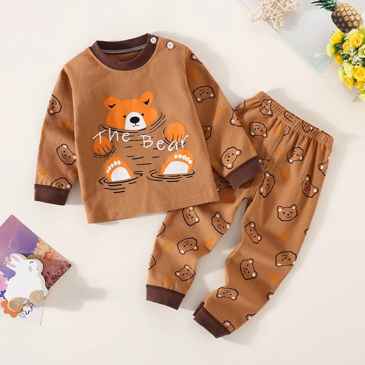 Ondergoed voor peuterjongens, katoenen letters en beerpatroon, top met lange mouwen en bijpassende broek, pyjamaset: Bruin / 6