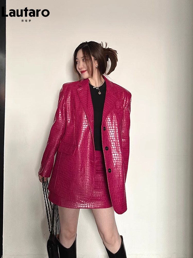 Lautaro-krokodillenprint lak PU lederen blazer dames, casual glanzende krokodillenprint, enkele rij knopen, luxe designerkleding