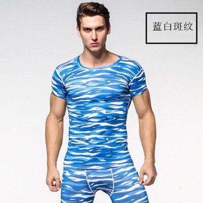Zebra Compression Skin Tight Shirts Men MMA Rashguard Keep Fit Fitness Short Sleeves Base Layer Weightlifting Elastic Tshirt: blue white / XXXL