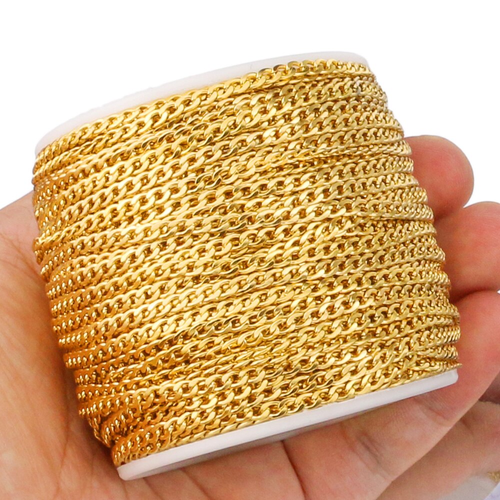 2 Meter Gold Breite 3mm Breite Bordstein Verknüpfung Kette Edelstahl NK 1:1 Kette für DIY Handgemachte Halskette Armbinde machen