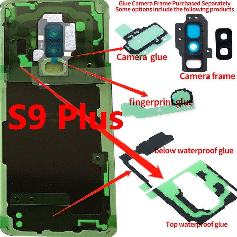 For SAMSUNG GALAXY S9 G960 G960F Battery Cover Back Glass Cover S9+ S9P S9 PLus G965 G965F Battery Cover Rear Door Housing Panel: S9Plus-Glue-frame