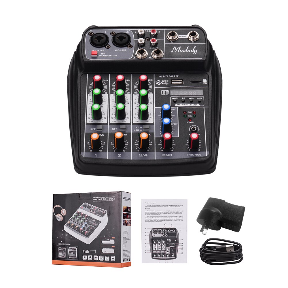 Mixing Console Digital Audio Mixer 4-Channel BT MP3 USB Input 48V Phantom Power for Recording DJ Network Live Broadcast Karaoke: Black AU PLUG