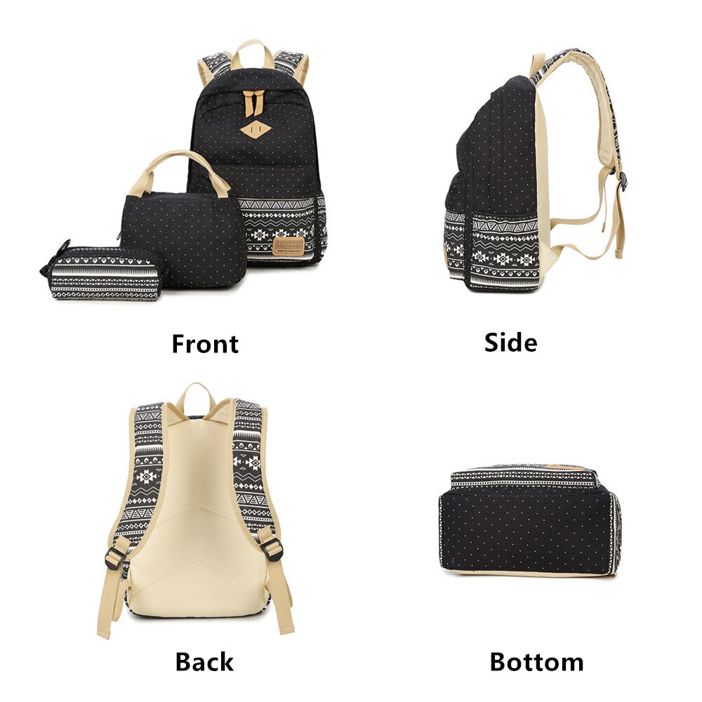 3 in 1 rugzak junior high schooltas canvas stippenprint tienermeisjes lichtgewicht laptoprugzakken met geïsoleerde tas + etui