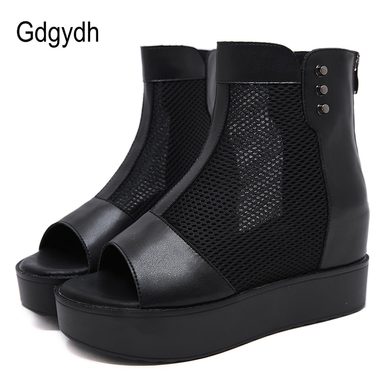 Gdgydh Offene spitze Stiefeletten hoch Fersen Plattform Stiefel Frauen Schwarz Leder Damen Sommer Schuhe Herbst Grundlegende Reißverschluss Keil Komfortable