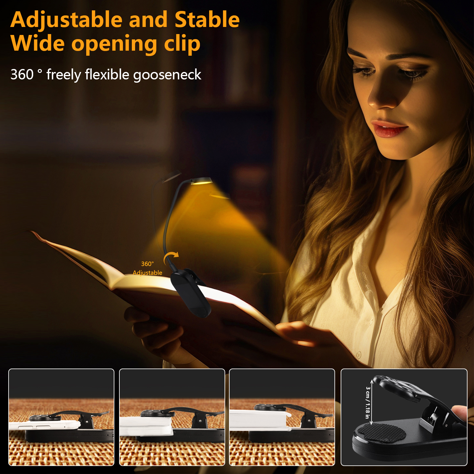 Lampada da scrivania wireless dimmerabile a LED, lampada da lettura ricaricabile tramite USB, luce notturna a LED, luce per laptop, luce pieghevole con clip per libri