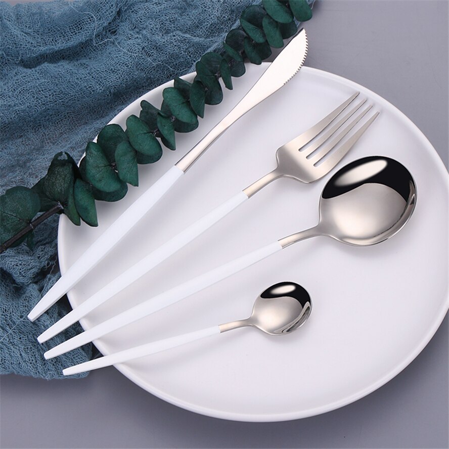 4Pcs/set white silver Cutlery Set 18/10 Stainless Steel Dinnerware Silverware Flatware Set Dinner Knife Fork Spoon