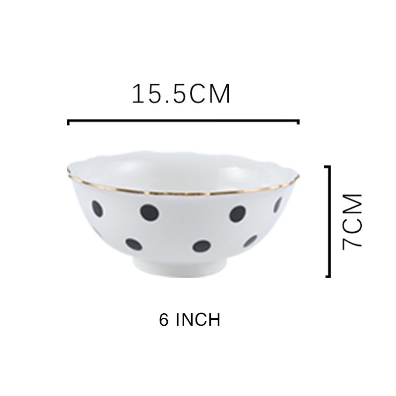 10inch Food Tray Gold Edge Dinnerware Set Polka Dot Dinner Plate Set Soup Dish Steak Flat Plate Flower Shape Breakfast Tableware: Black 6inch bowl