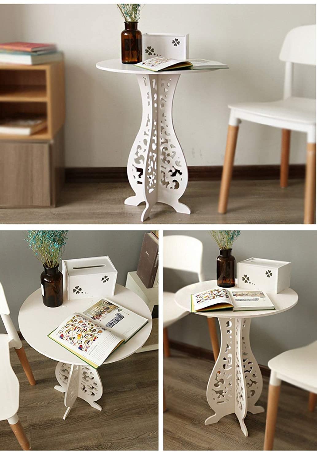 White Small Coffee Table Desk Wood Plastic Board Round Small Tea Corner Table - 60X40X31cm