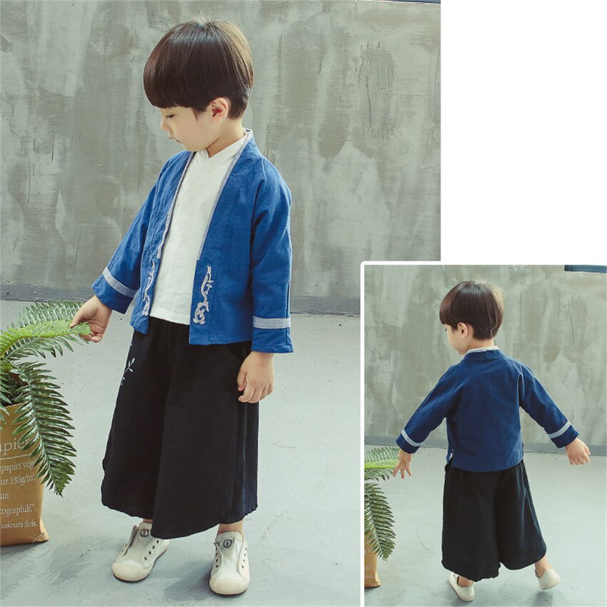 Vêtements traditionnels chinois pour garçons Hanfu enfants Tang Costume à manches longues lin 3 pièces chemise + manteau + pantalon Festival tenue Costume de danse