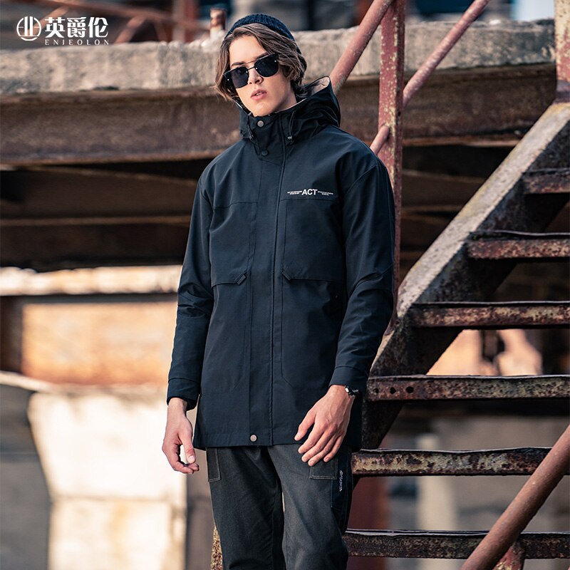 Enjeolon Men Parka Hoodies Jacket Coat Autumn Casual South Korean style Zipper Windbreaker Coat Long Trendy Men's Jackets JK: Black / XL