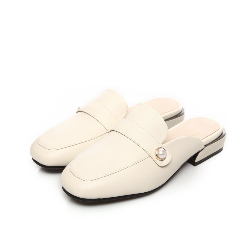 Qutaa Ronde Neus Kraal Casual Comfort Vrouwen Schoenen Vierkante Hak Slingback Pu Leer Alle Match Zomer Slip Op Sandalen size34-43: Beige / 7