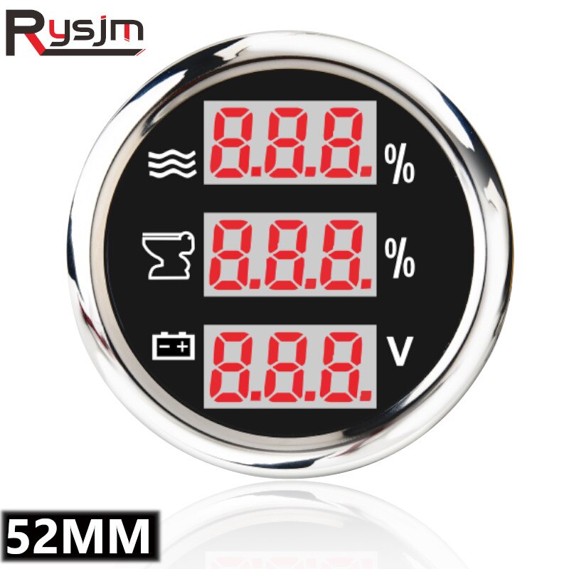 Universal 52mm Waterproof 3 in 1 Multi-Function Digital Gauge Water Tank Level Gauge Holding Tank Voltmeter 9-32V With Alarm