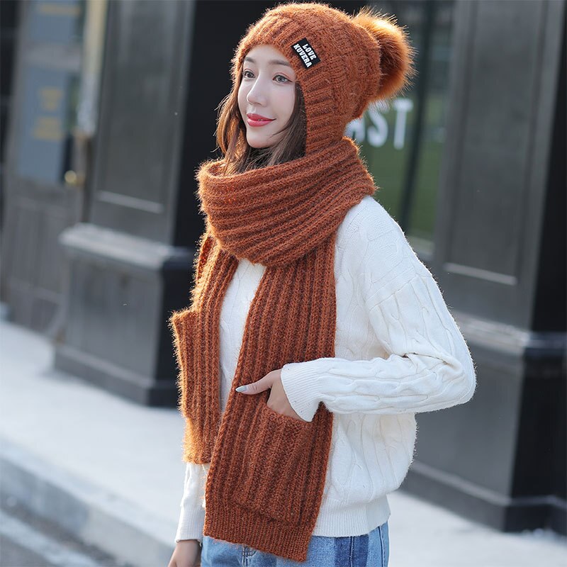 Otoño Invierno sombreros de mujer sombreros de de bufanda tejida dos piezas mujeres Gorros Casual Cap Scarf Chapeu Feminino Bonet