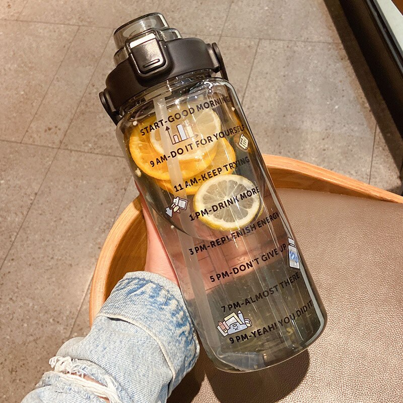 Borraccia da 2 litri con bottiglie di acqua motivazionali in paglia con indicatore di tempo Fitness bicchieri di plastica sport all&#39;aria aperta zucca di paglia glassata: Black with Stick