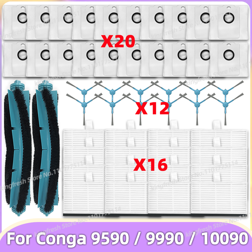 Compatible con Cecotec Conga 9990 AI / 9590 / 10090 AI Spin Revolution Ultra Power Home Piezas Rodillo Principal Cepillo Lateral Filtro HEPA Bolsa de Polvo Accesorios