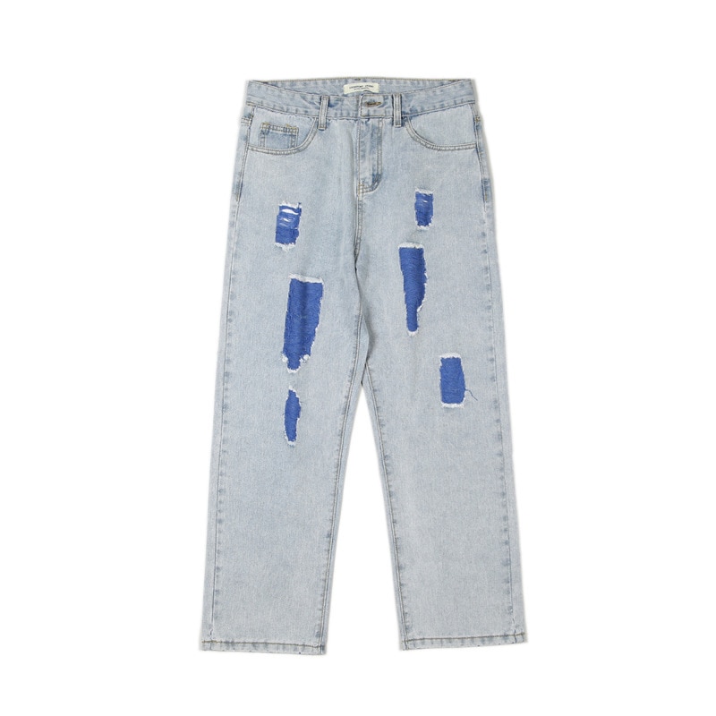Ripped jeans herre kontrastfarve afslappet hul jeans bukser mænd streetwear løs hip hop straight denim bukser herre