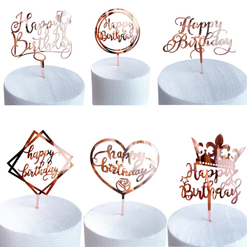 Rose Gold Gelukkige Verjaardag Cake Topper Acryl Cupcake Toppers Voor Kinderen Verjaardagsfeestje Taart Decoraties Baby Shower