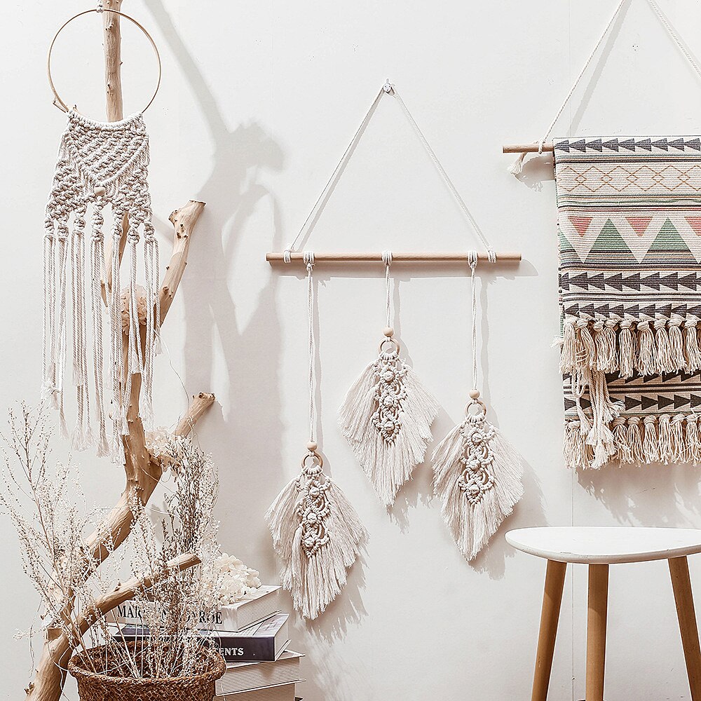 Vävd vägghängande bohemisk väggdekoration nordisk macrame vägghängande lövväv dekor dekor sovrum sänggavel dekoration