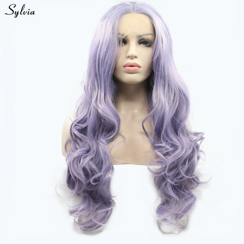 Sylvia Long Lilac Purple Hair Bouncy Curly Synthetic Lace Frontal Wigs Glueless Heat Resistant Fiber Natural Hairline For Women