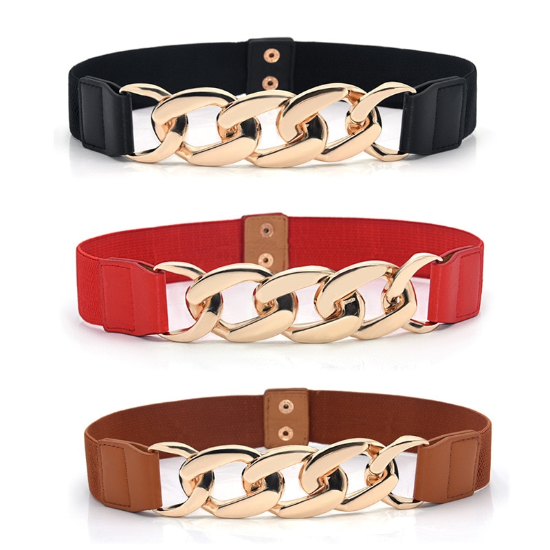 Gold Color Chain Buckle Waist Belt for Dress ElasticWide Ladies Belt All-match Coat Sweater Women Belt Waistband