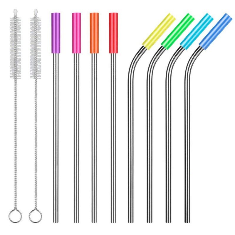 Herbruikbaar kleurrijk drinkrietje voor op reis 304 roestvrijstalen metalen rietjes met reinigingsborstel siliconen beschermkapje: D