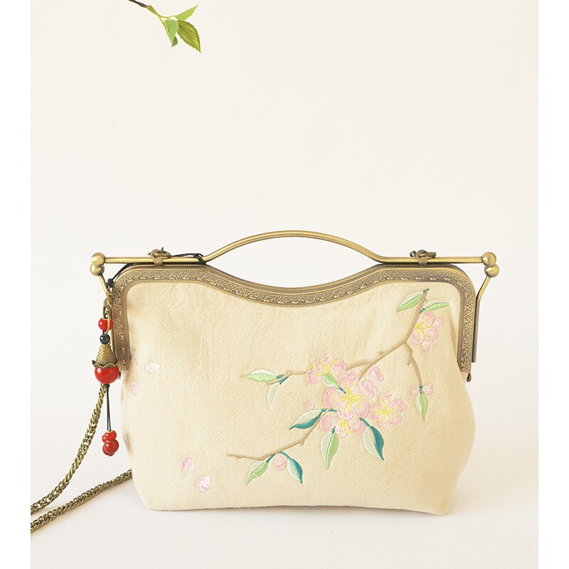 Alasir Original Artsy Bag Chinese Style Bags Vintange Women Handbags Cotton and Linen Crossbody Bags Embroidery Flowers Frame: white