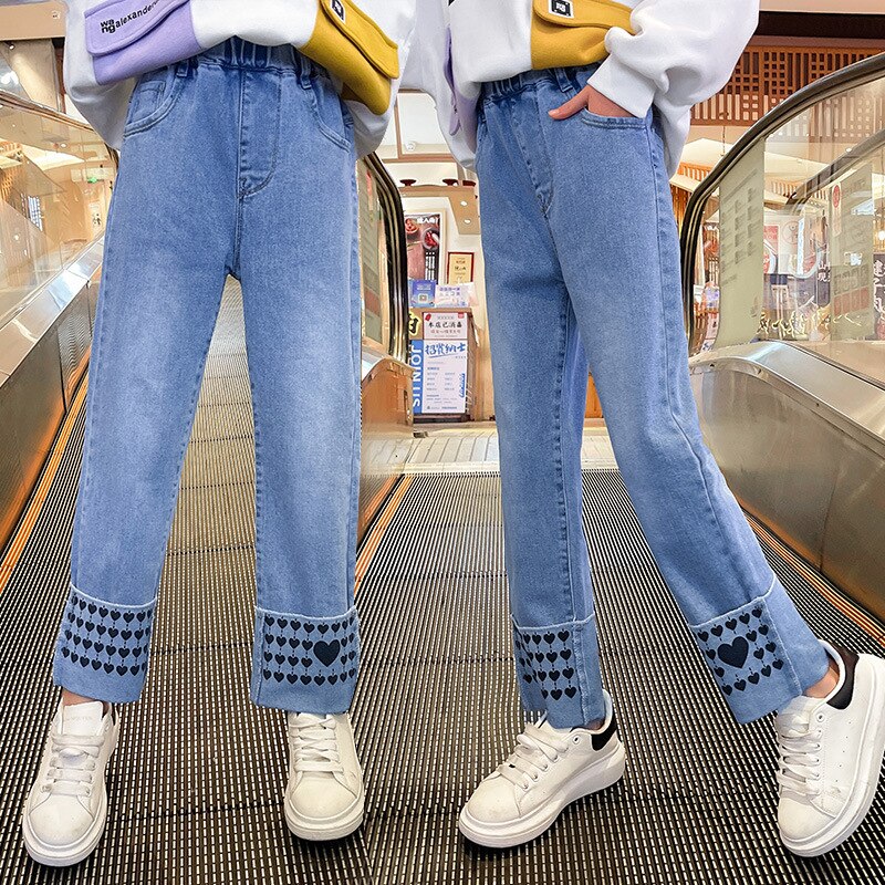 Pantalones vaqueros con estampado de amor para niñas, Jeans rectos informales que combinan con todo, ropa para niños de 12, 13 y 14 años, primavera 2022