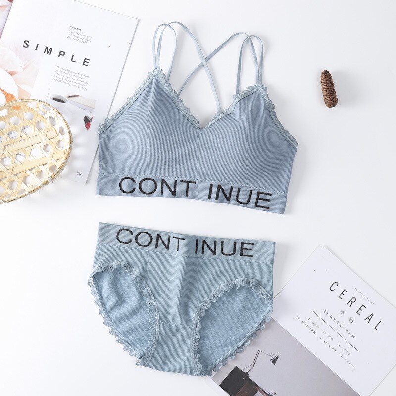 Sexy Women Bra Panties Set Push Up Bra Sports Letter Underwear Set Seamless Fitness Top Active Bra Women Lingerie Set: light blue