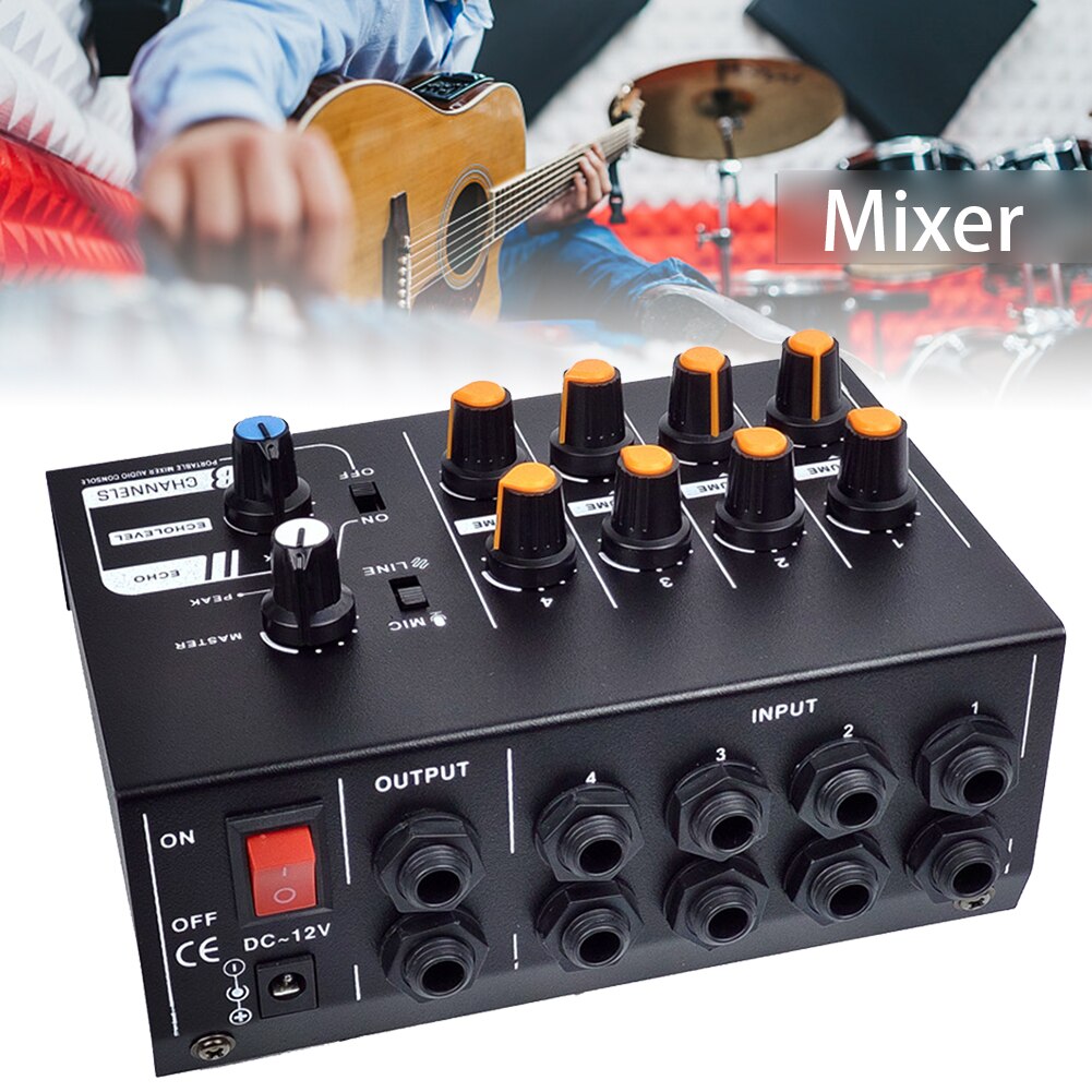 Stereo Metalen Thuis Mini Draagbare Professionele Party 8 Kanalen Zwart Mengen Console Mono Audio Mixer Schakelbare Dj Karaoke