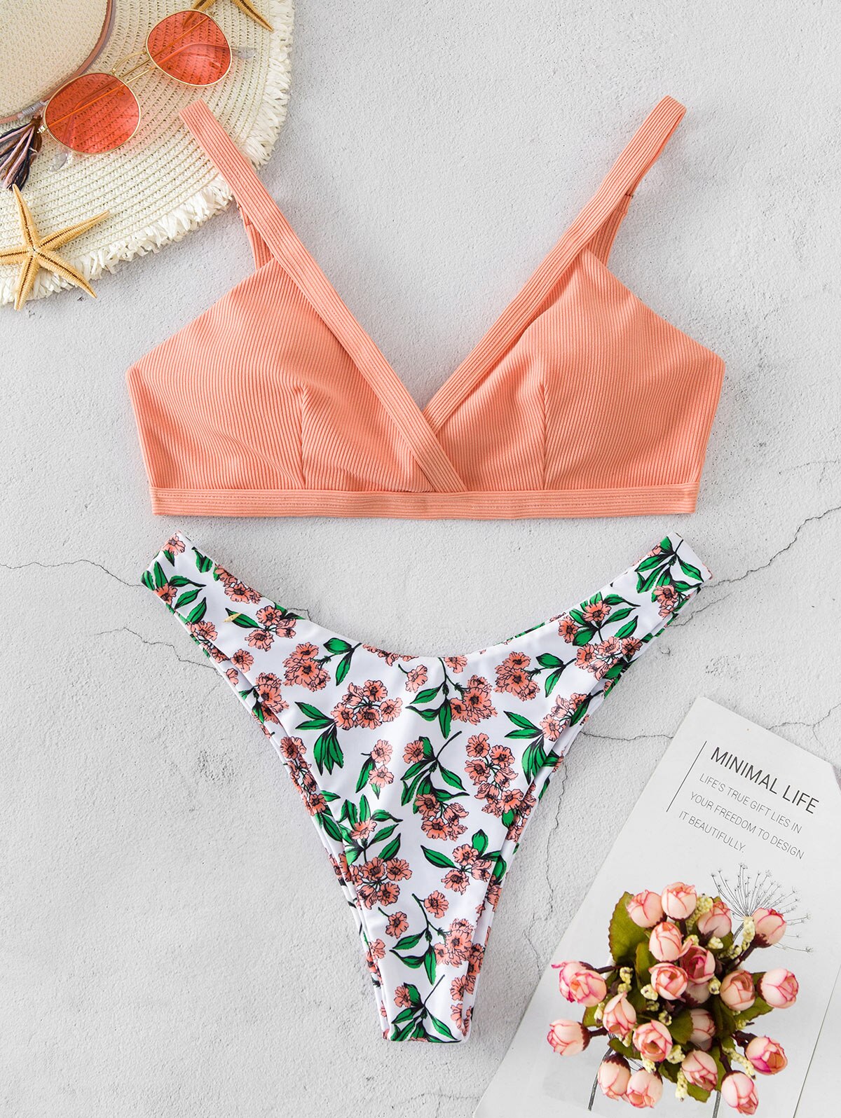 Zaful Bloemen Geribbelde Hoge Cut Padded Bikini Badmode Bandeau Badpak Voor Het Zwembad Sexy Bikini Strand Wetsuit Dragen: Orange Pink / M