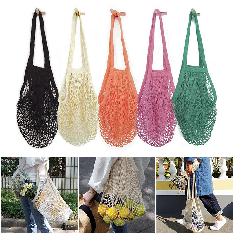 Wasbare katoenen mesh boodschappentassen Katoenen touwtassen Netto boodschappentassen Mesh tassen voor fruitopslag Herbruikbare fruit-groentezak