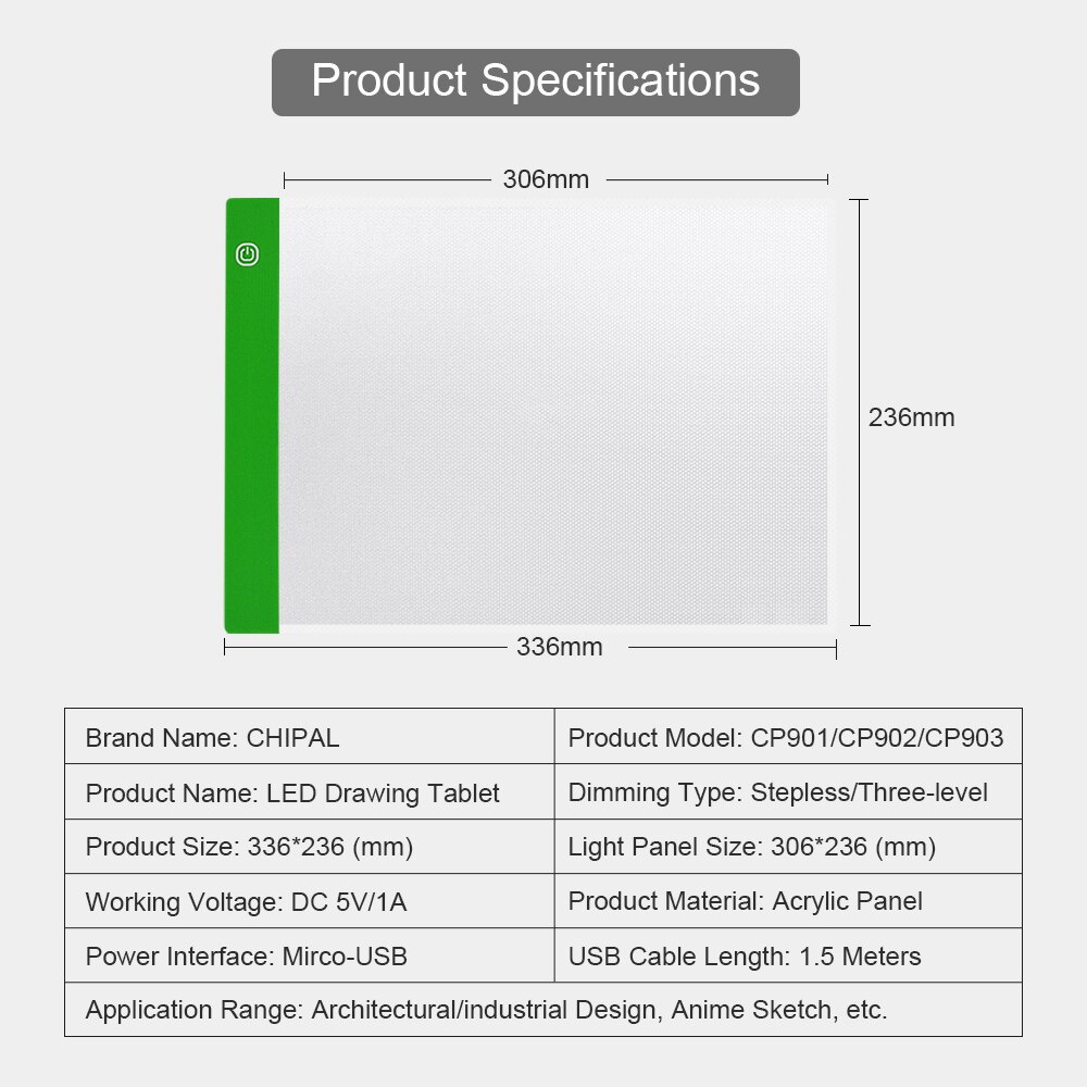 CHIPAL LED Drawing Tablet - A4 Size - USB Dimmable Light Box for Art & Graphics