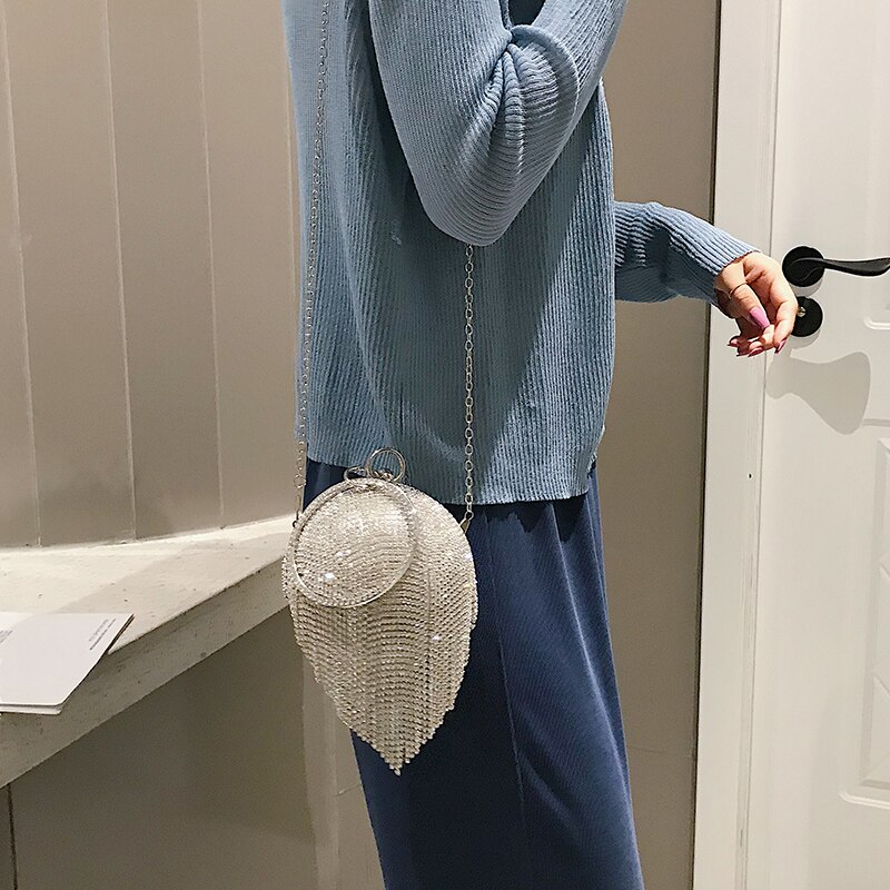 Luxury Round Tassel Diamonds Pu Leather Women Party Handbag Evening Bag Chain Purse Totes Bag Female Shoulder Bag