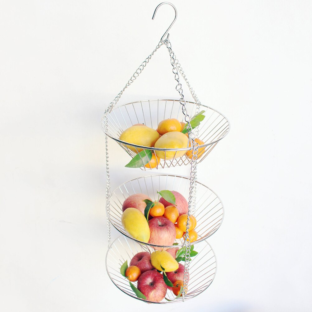 3-- lags trådhængende kurv rustfrit stål kurv frugt swing skål grøntsager rack display stand frugt grøntsagsværktøj